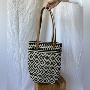 Black & Cream Jute Tote Bag with Leather Straps